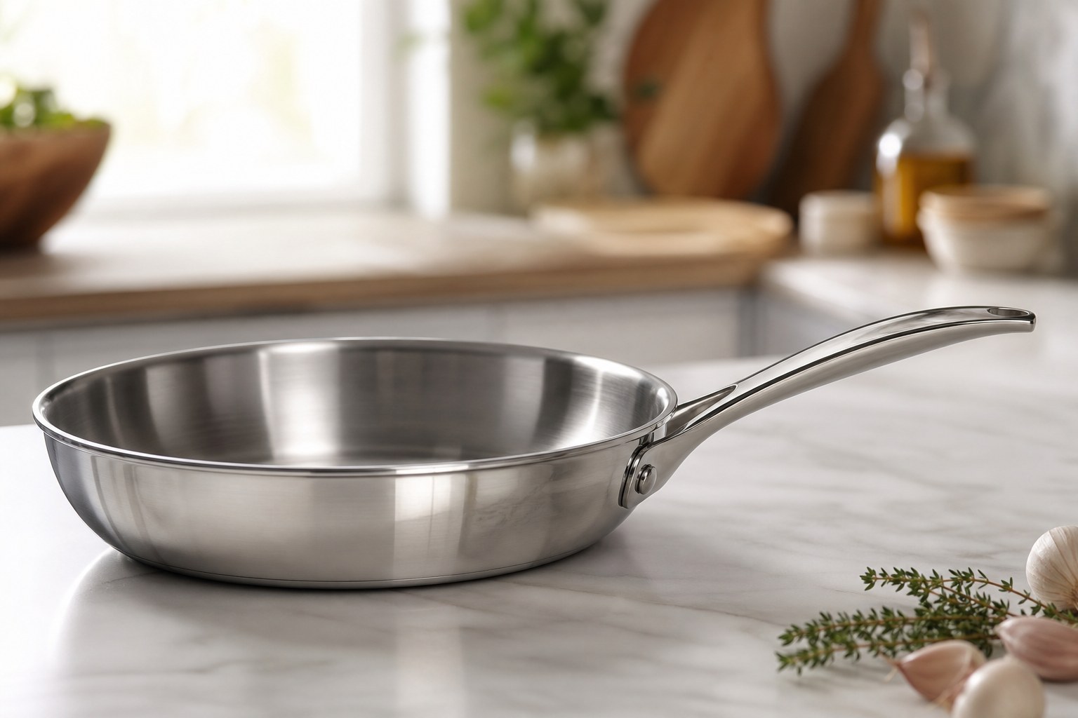 All-Clad D3 stainless steel fry pan with even heat distribution to reduce sticking