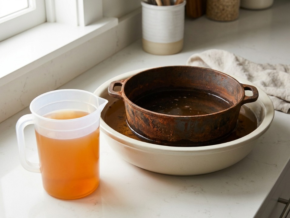 Evapo-Rust 128oz jug with orange label for soaking rusty cast iron pans