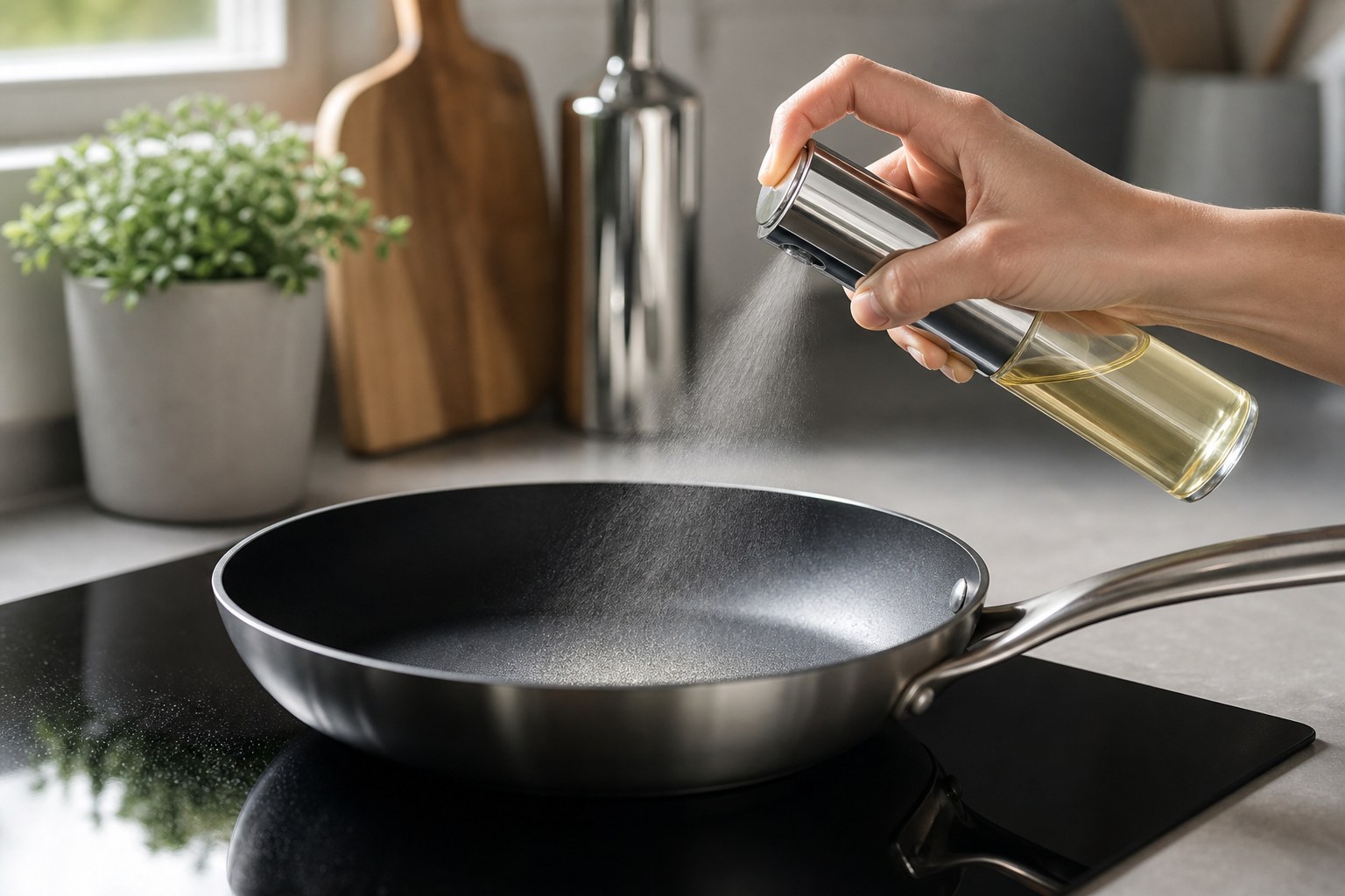 Pump-style oil mister spraying a fine, even mist of cooking oil onto a nonstick pan on an electric glass-top stove