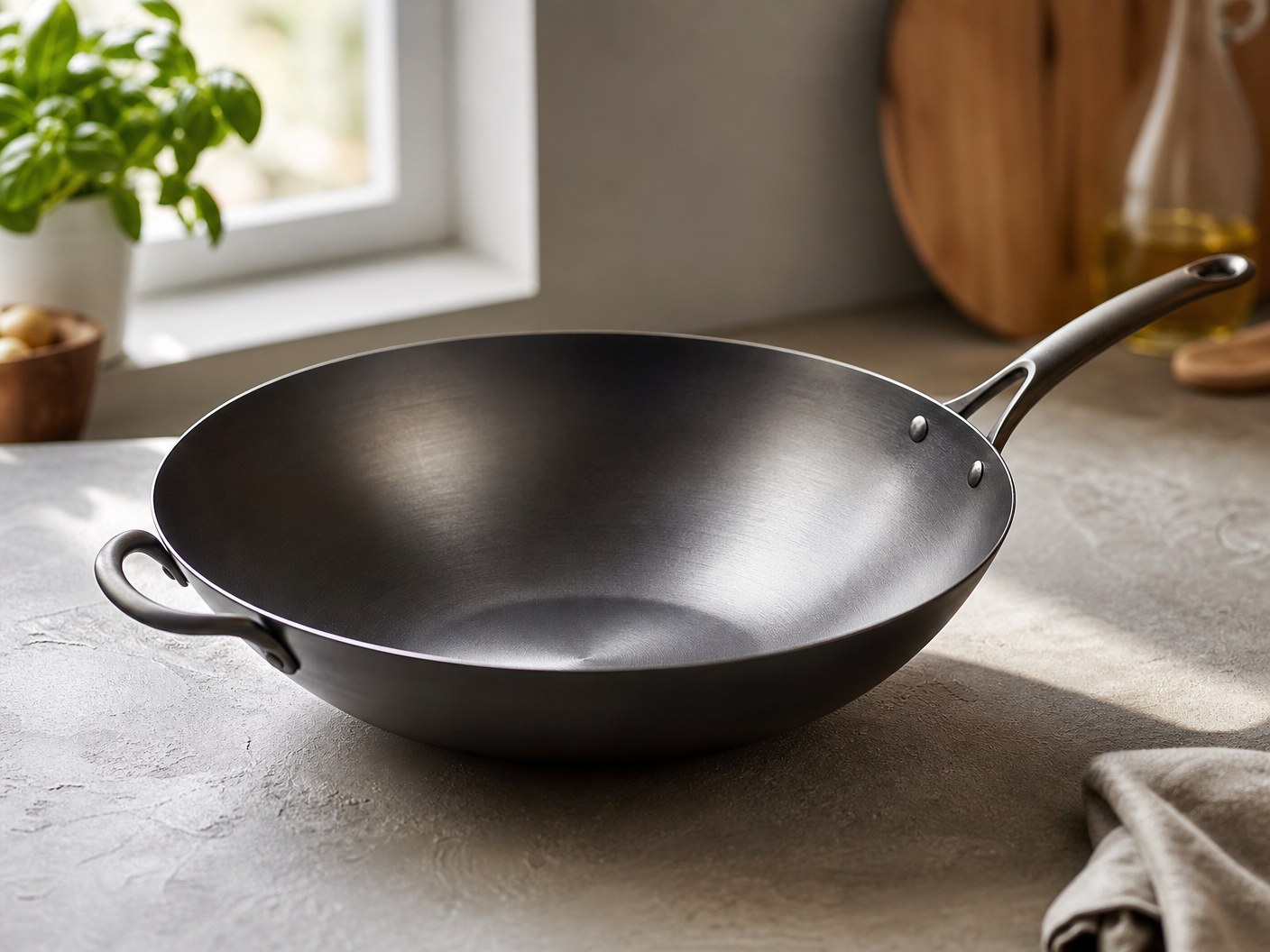 Yosukata 13.5-Inch Carbon Steel Flat-Bottom Wok