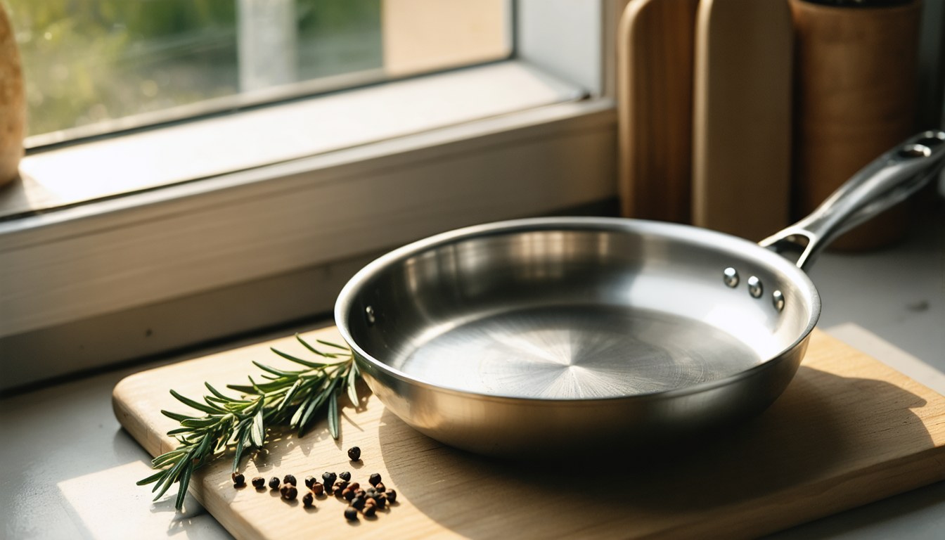 Stainless steel frying pan side view showing the rolled rim and brushed sidewall construction