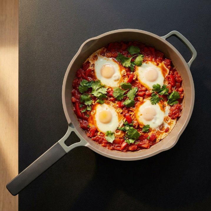 Deep ceramic pan with warm taupe body and sage handles filled with shakshuka on dark countertop