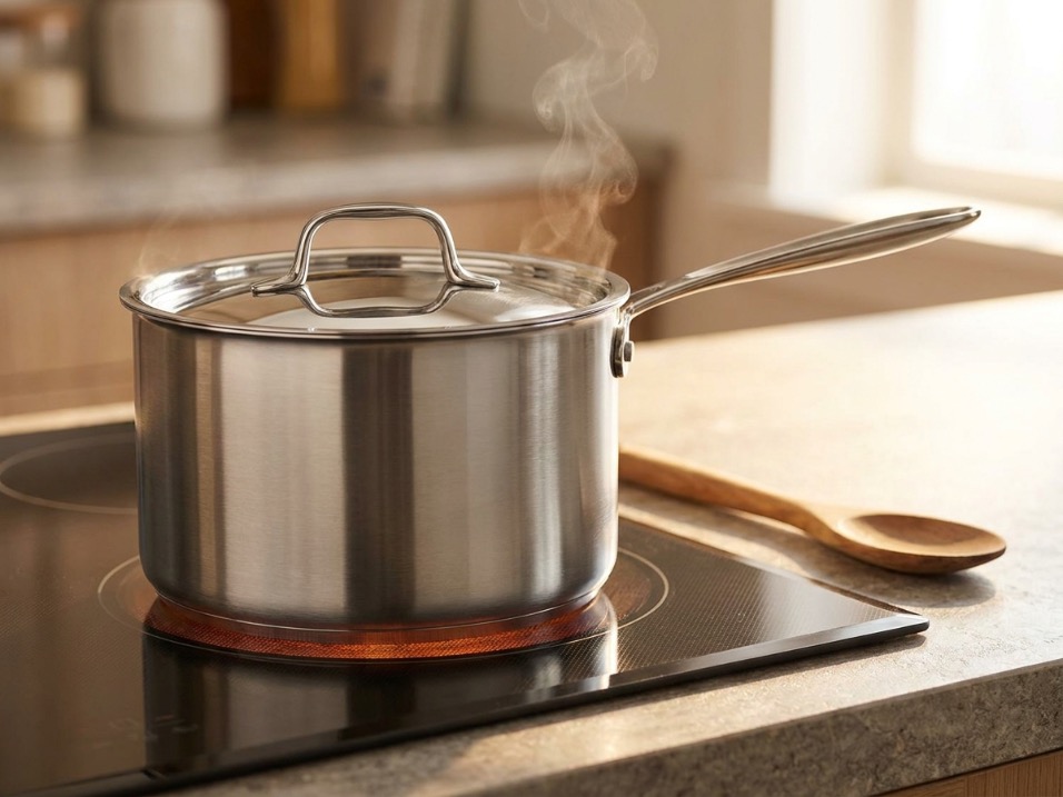 Stainless steel saucepan with lid steaming on a glass-top electric stove, wooden spoon resting beside it