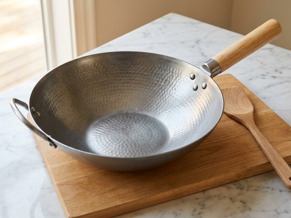 Flat-bottom carbon steel wok with dark seasoned patina on a light countertop