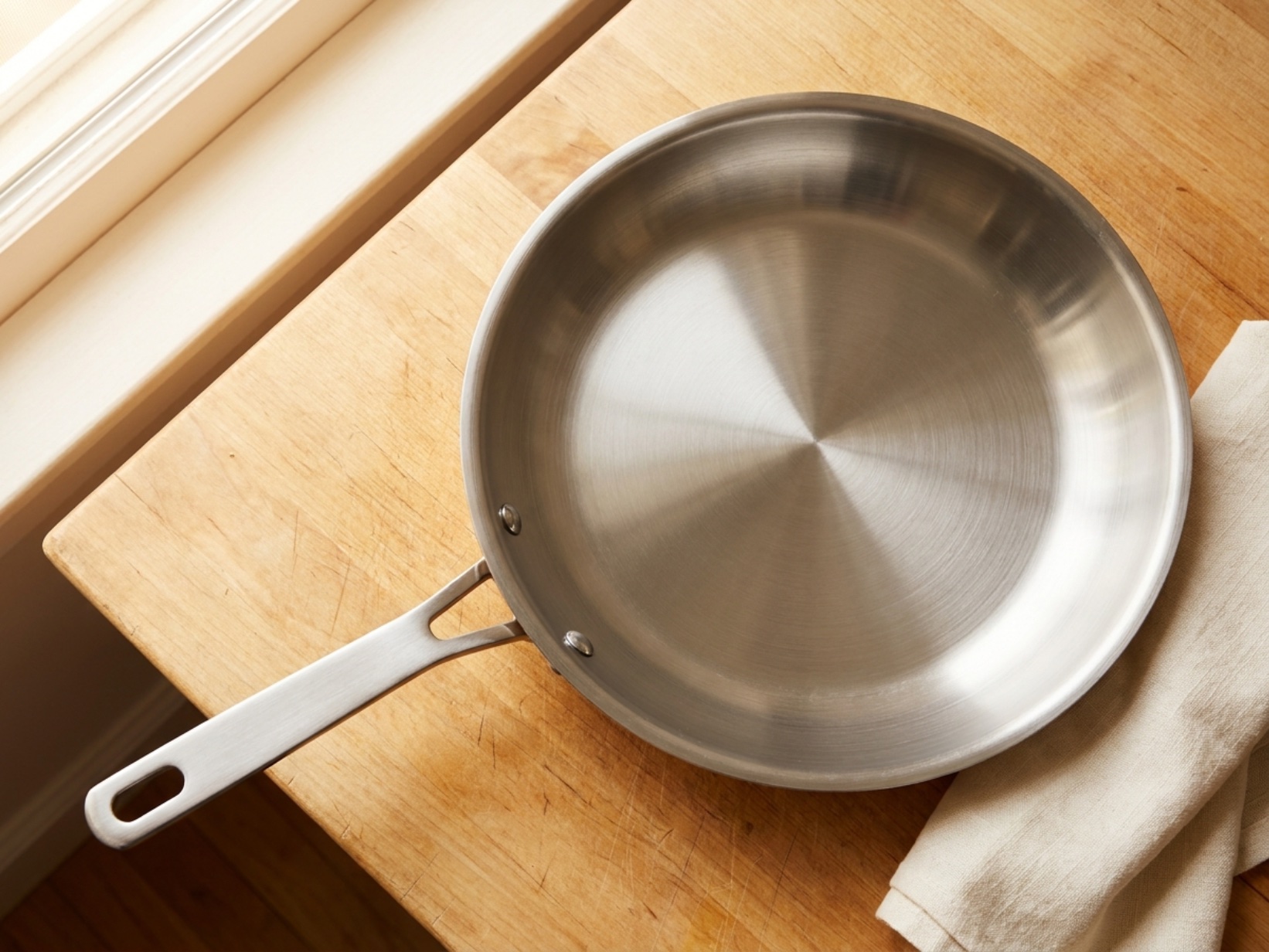 Brushed satin stainless steel frying pan with flat angular handle and fine horizontal grain lines