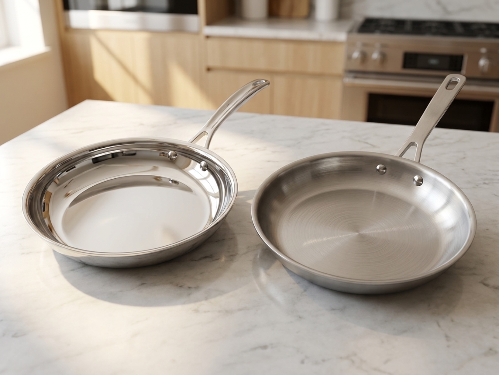 Two stainless steel frying pans side by side showing polished mirror finish versus brushed satin finish
