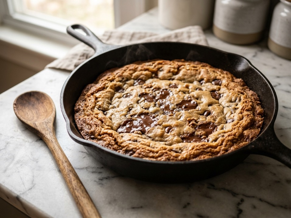 A cast iron skillet cookie with golden crispy edges and melted chocolate center on a marble countertop