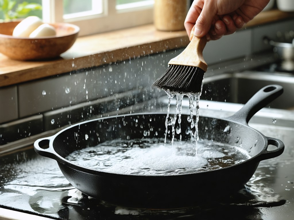Cast iron skillet being scrubbed with a brush under running hot water in a sink