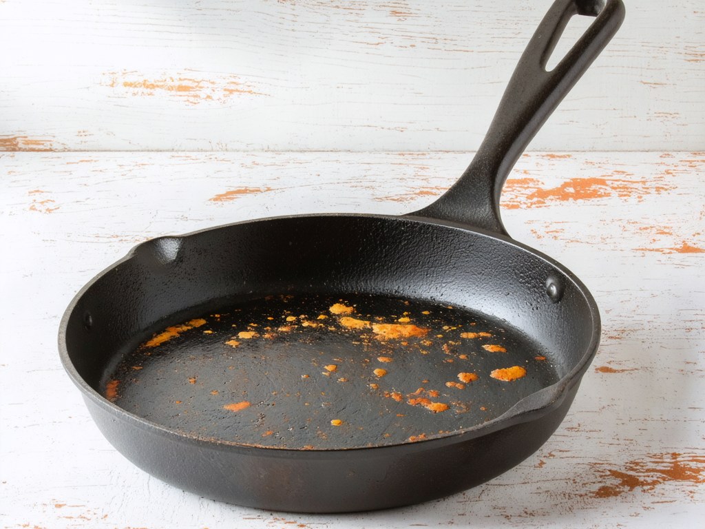 Cast iron skillet with patchy stripped seasoning and orange rust spots after being run through a dishwasher