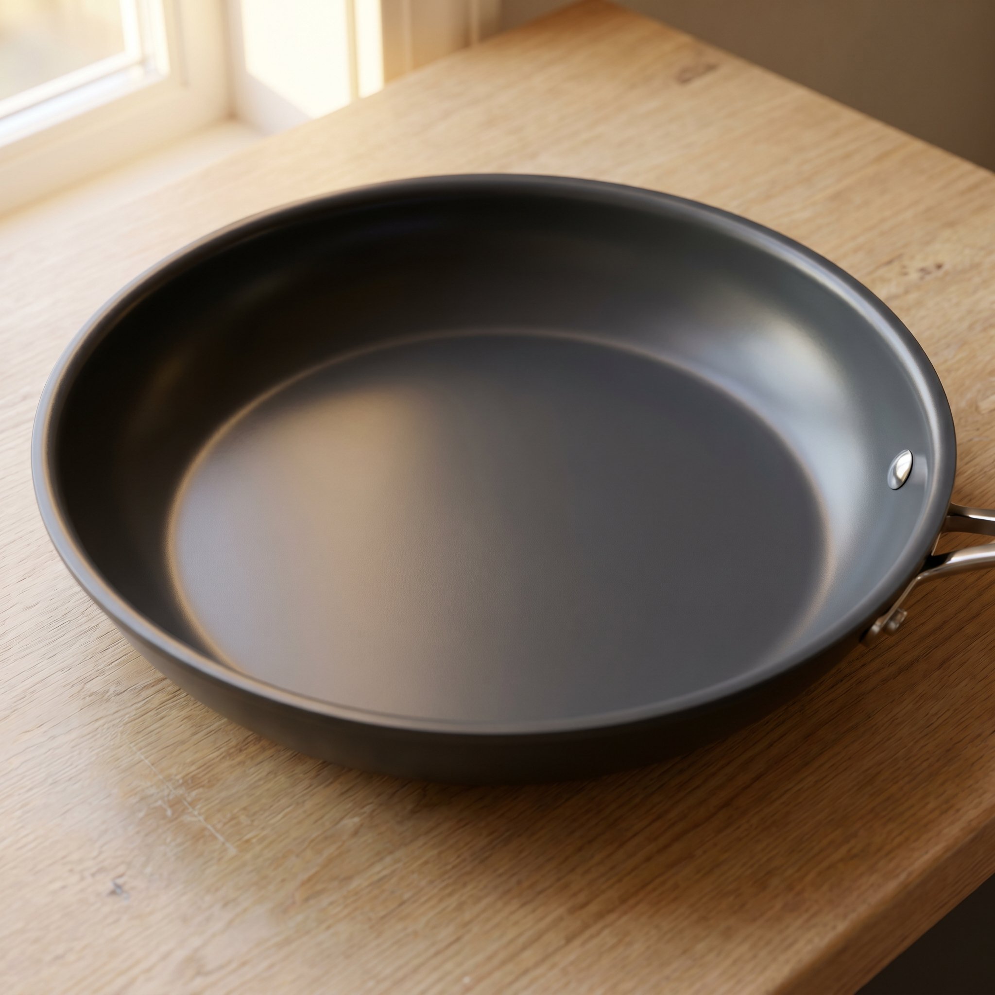 Dark nonstick fry pan interior viewed from above on a wood surface