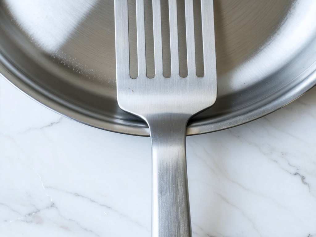 Slotted fish spatula resting diagonally across a brushed stainless steel frying pan on marble