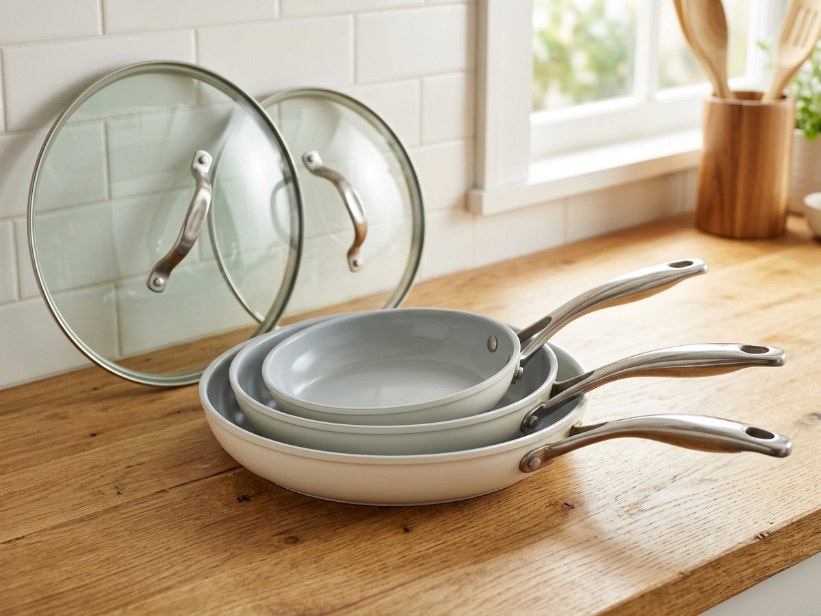 Ceramic non-stick fry pan set with glass lids stacked on a kitchen counter