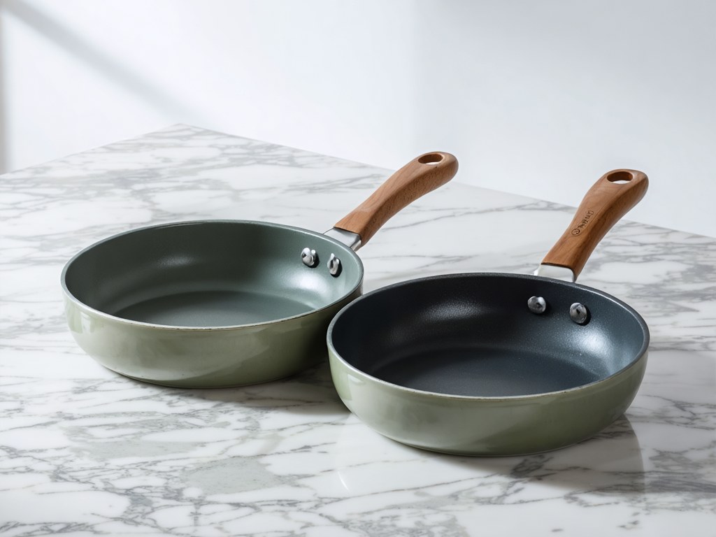 Caraway and GreenPan ceramic nonstick frying pans side by side on marble, sage green and charcoal grey