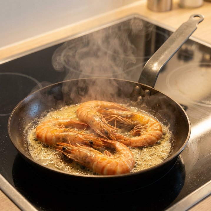 Basting prawns in foaming butter in a seasoned carbon steel pan over high heat