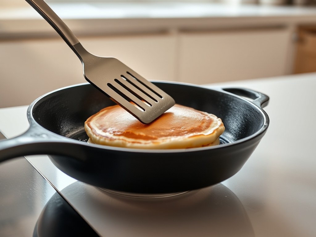 Spatula sliding under pancake in cast iron skillet at low angle for an easy flip