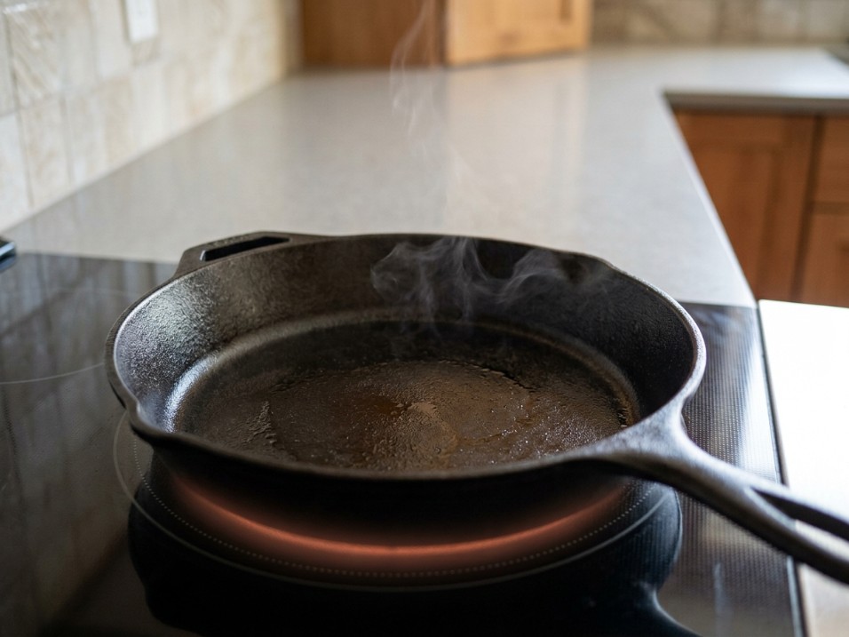A preheated cast iron skillet with dark seasoned surface ready for searing