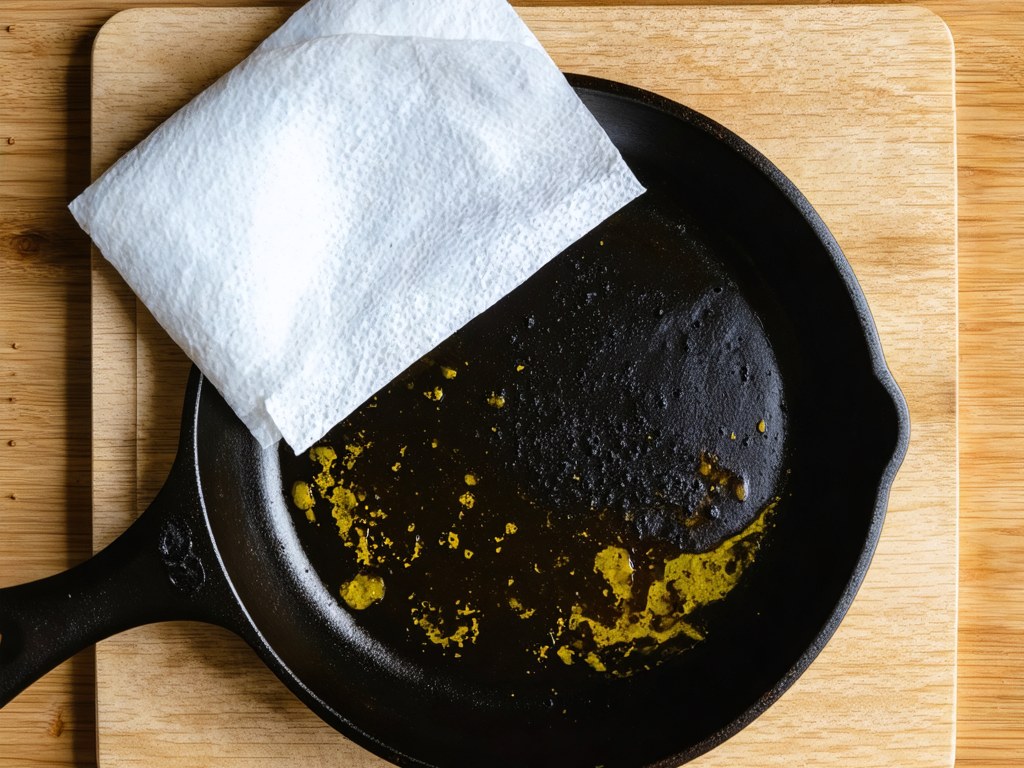 Cast iron skillet with excess oil pooling on the surface before being wiped clean