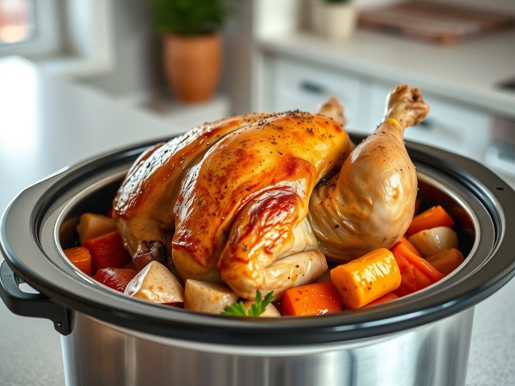 Whole roasted chicken with vegetables in a Crock-Pot slow cooker insert