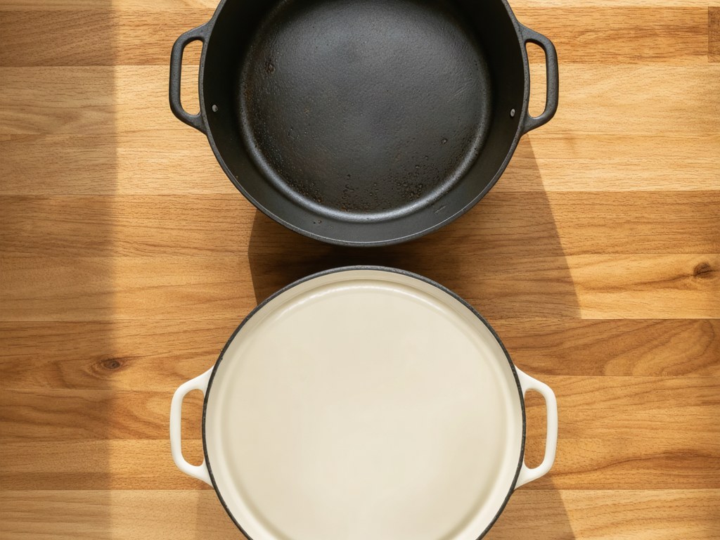 Bare cast iron dutch oven with dark seasoned interior next to enameled cast iron dutch oven with cream interior