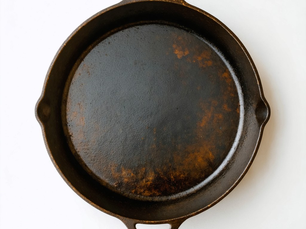 Close-up view of a bare cast iron skillet with dark seasoned surface showing natural patina from years of cooking use