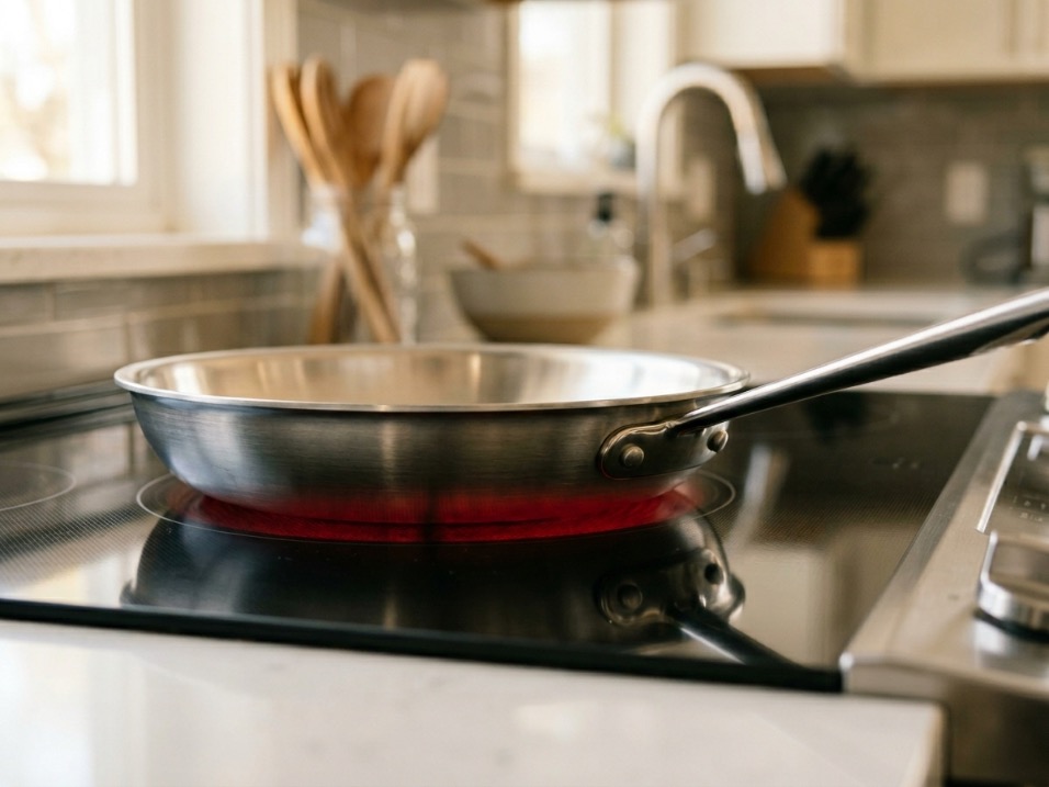 Stainless steel skillet heating on a glass cooktop with the radiant element glowing red beneath the flat pan base