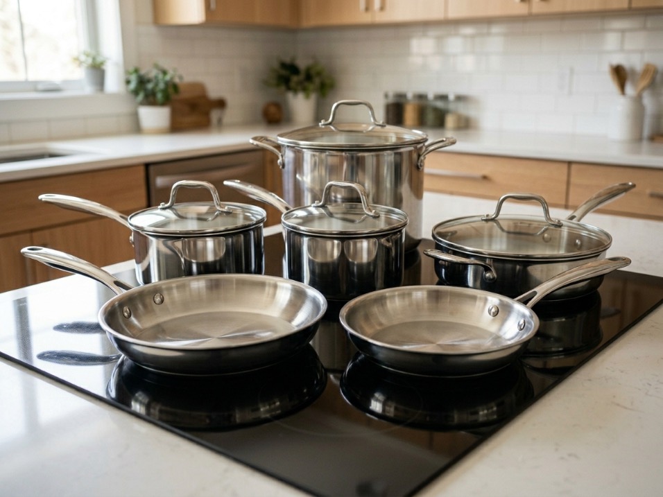 Stainless steel cookware set arranged on a black glass cooktop in a modern kitchen