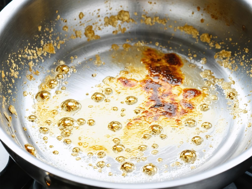 Stainless steel pan interior with golden-brown fond after searing