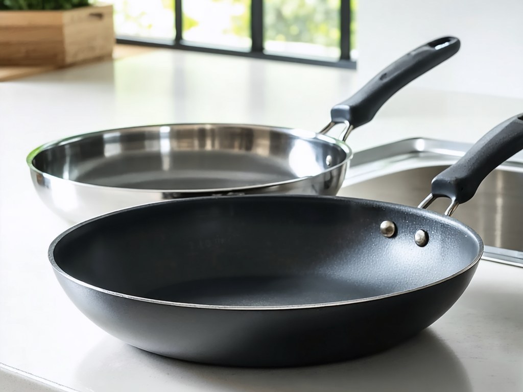 Dark hard-anodized skillet beside polished stainless steel skillet on marble countertop
