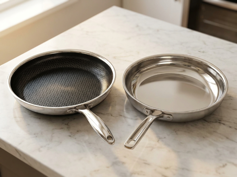 Two frying pans side by side on marble counter, hybrid hexagonal surface pan and polished stainless steel pan