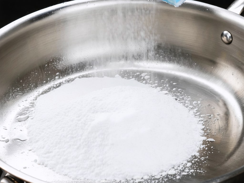 White powder cleanser being sprinkled onto the wet interior of a burnt stainless steel pan during cleaning