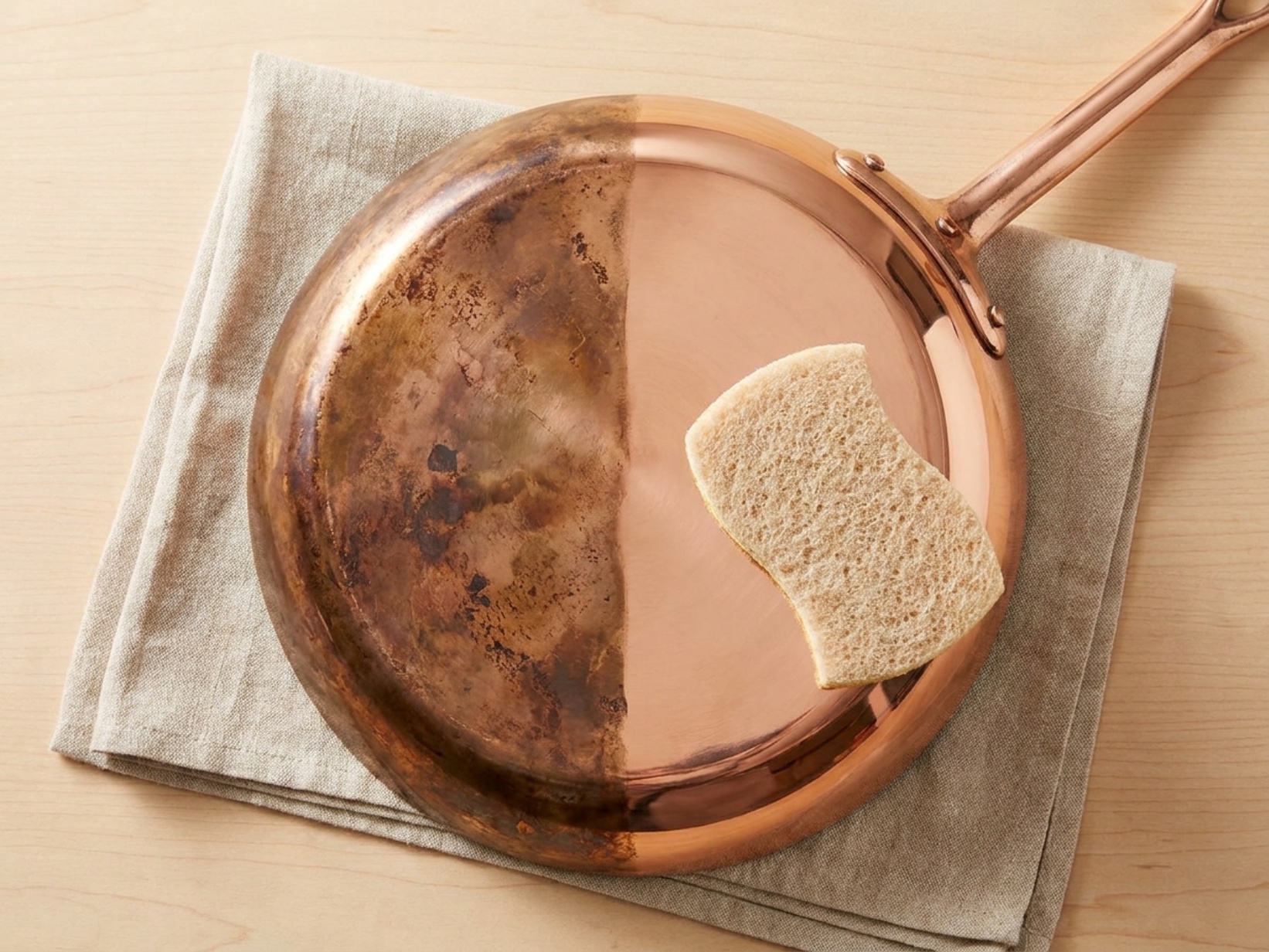 Close-up of copper pan surface showing half tarnished and half polished with a soft sponge on linen cloth