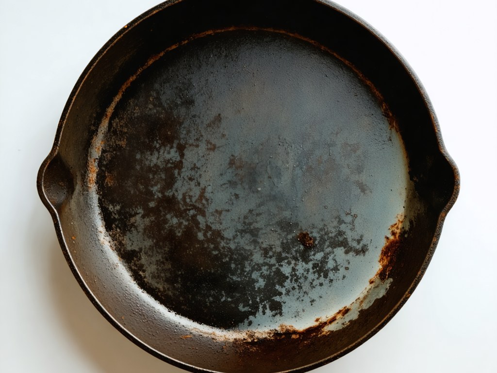 Cast iron skillet showing damaged seasoning with visible flaking and bare spots