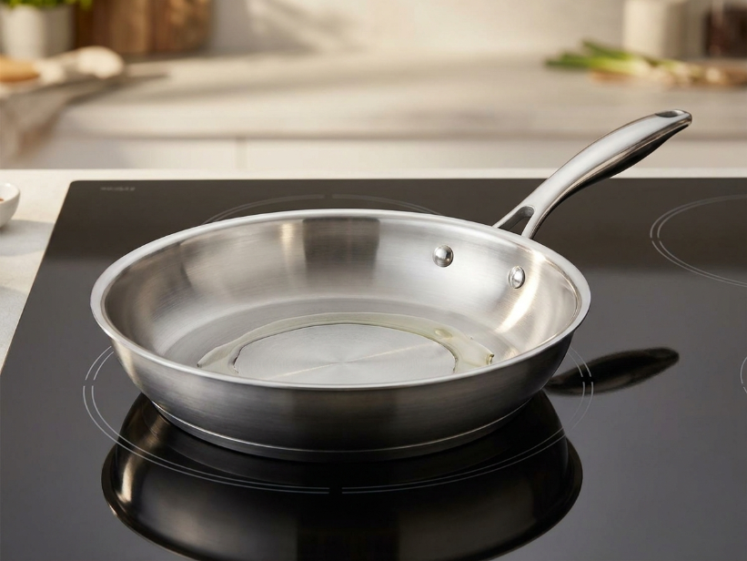 Stainless steel fry pan sitting on black glass induction cooktop with oil shimmering on the surface