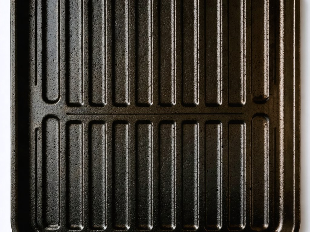 Overhead close-up of cast iron grill pan ridges showing channel pattern on dark seasoned surface
