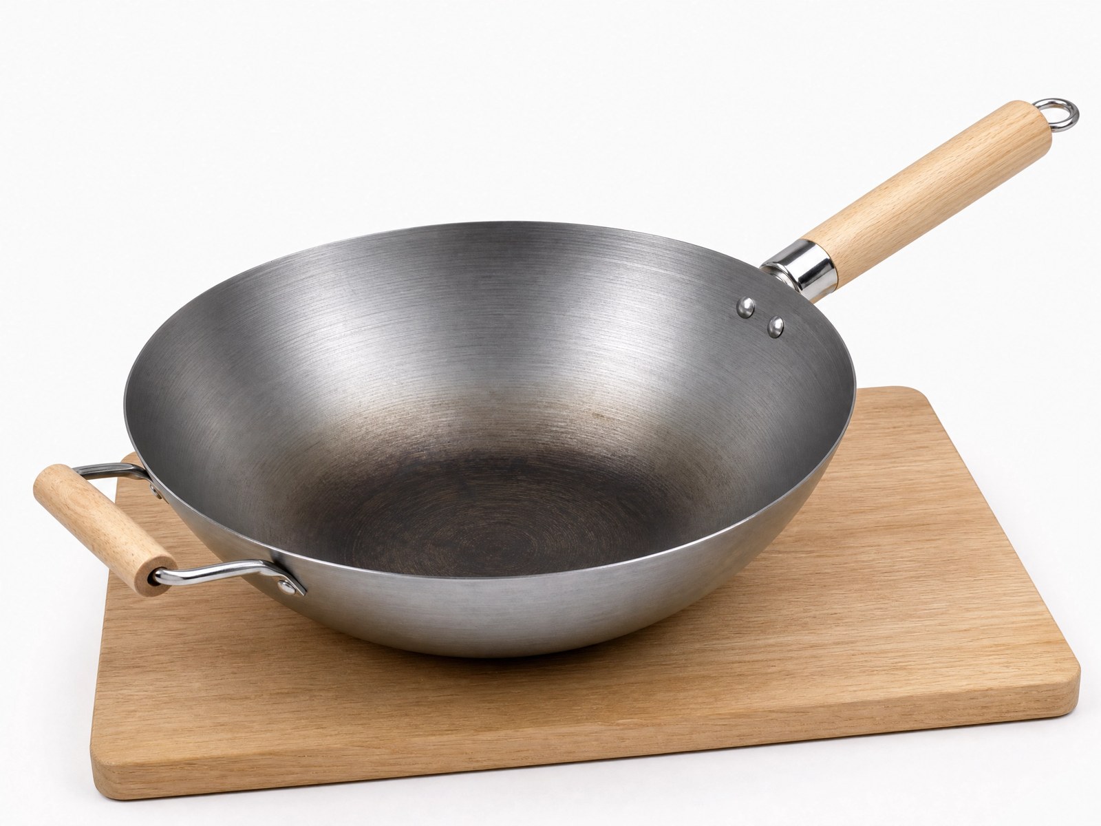 Seasoned flat bottom carbon steel wok for electric stove with wood handle and dark patina