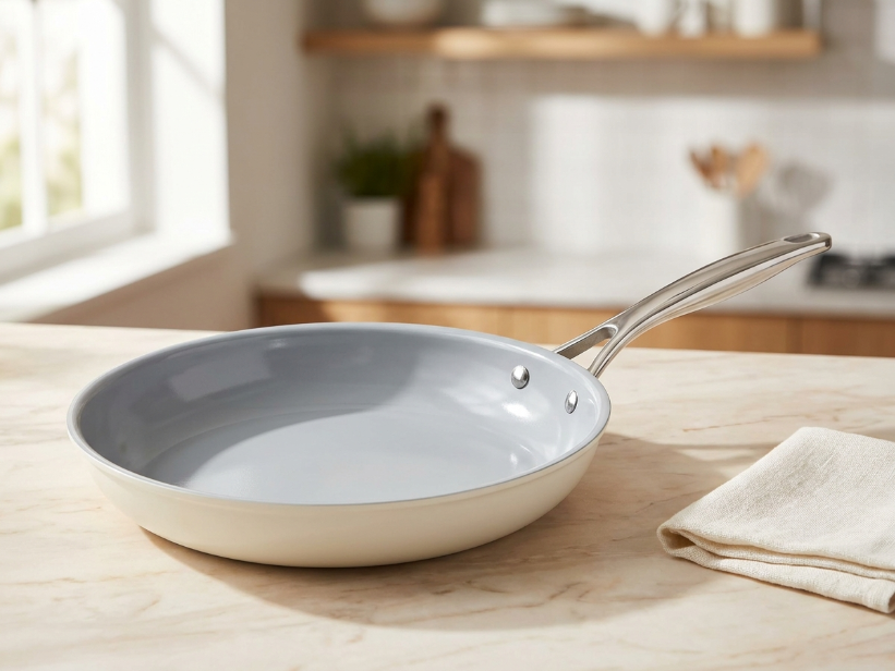 Ceramic non-stick fry pan with light interior coating on a marble countertop
