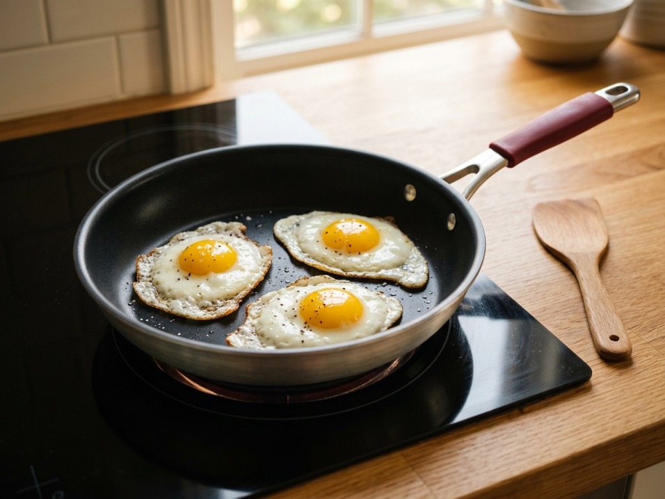 Three eggs cooking in a nonstick pan on a glass top stove with no sticking