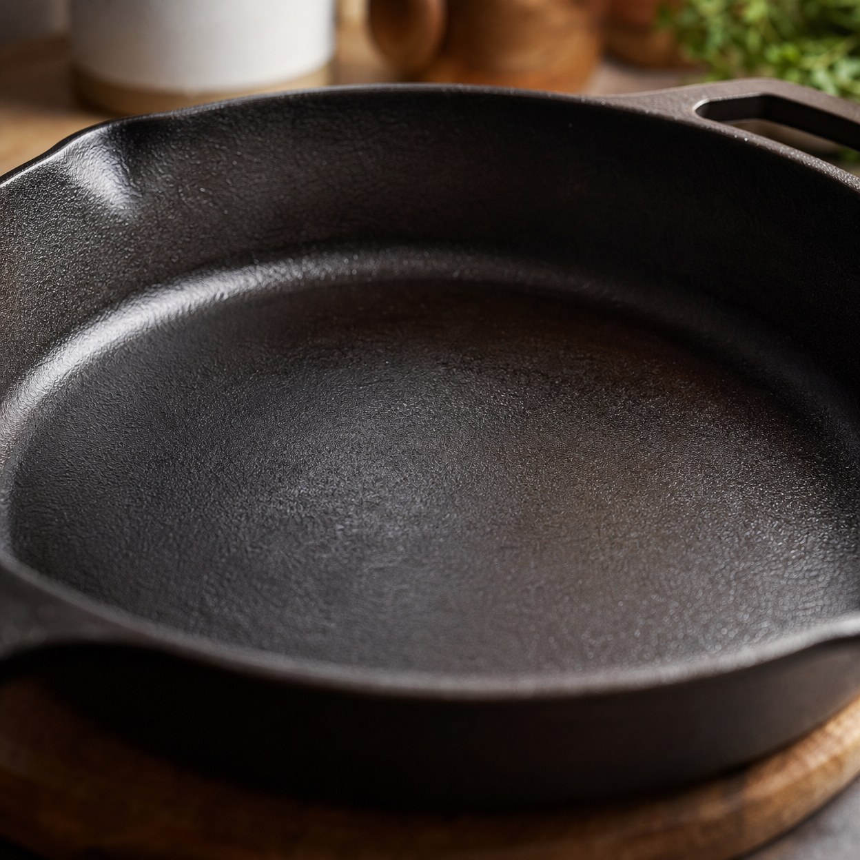 Close-up of Lodge 10.25-Inch cast iron skillet cooking surface after years of seasoning buildup