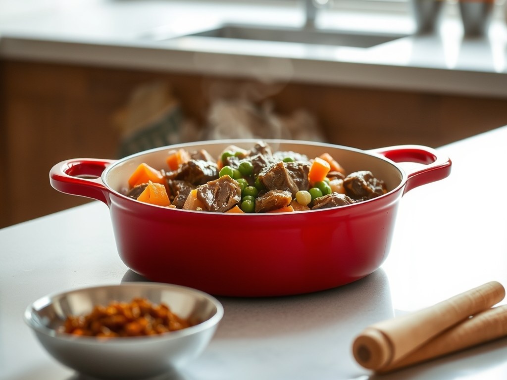 Beef stew braising in a red enameled dutch oven with carrots and peas
