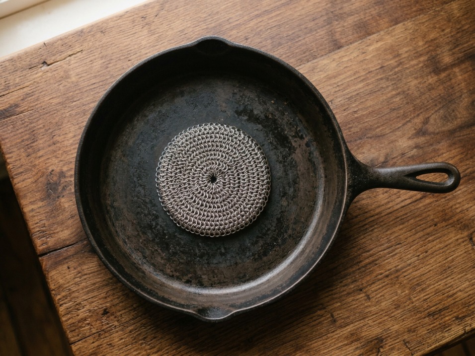 Lodge chainmail scrubber resting on a cast iron skillet surface