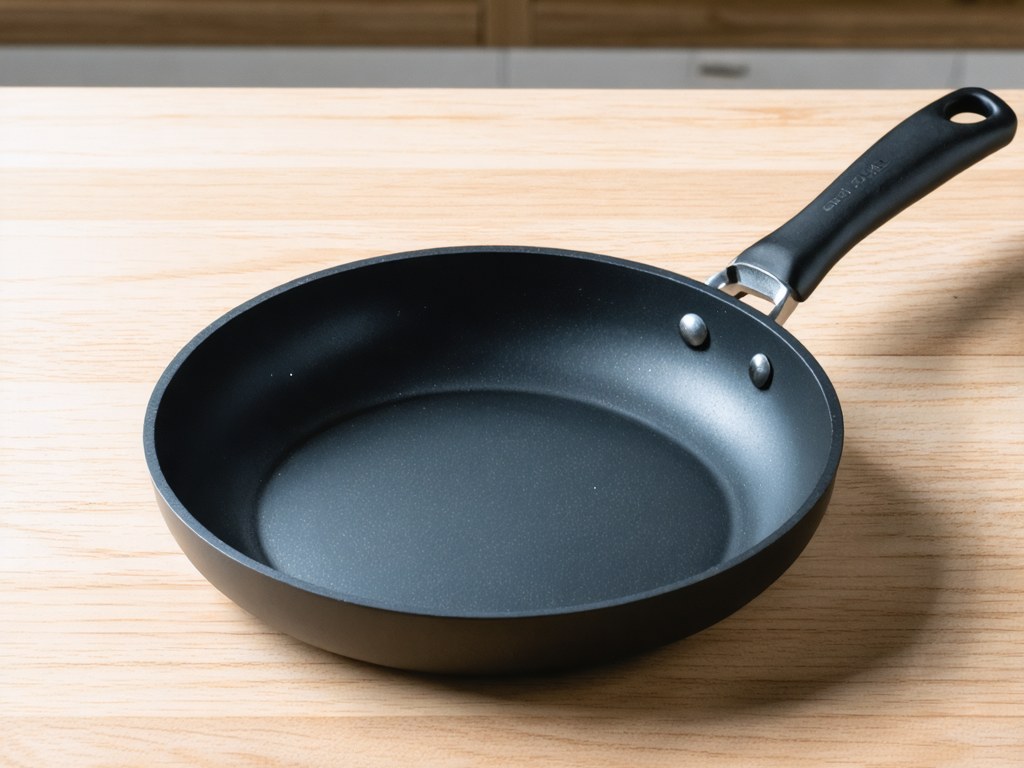 Dark hard-anodized nonstick frying pan with smooth interior on a wooden countertop