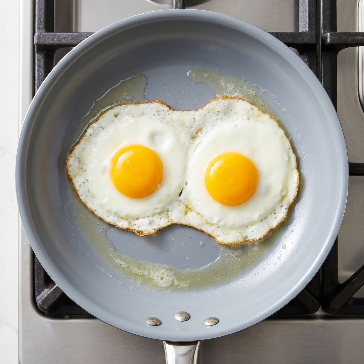 Two sunny-side-up eggs with crispy edges and runny yolks sliding freely in a grey nonstick pan