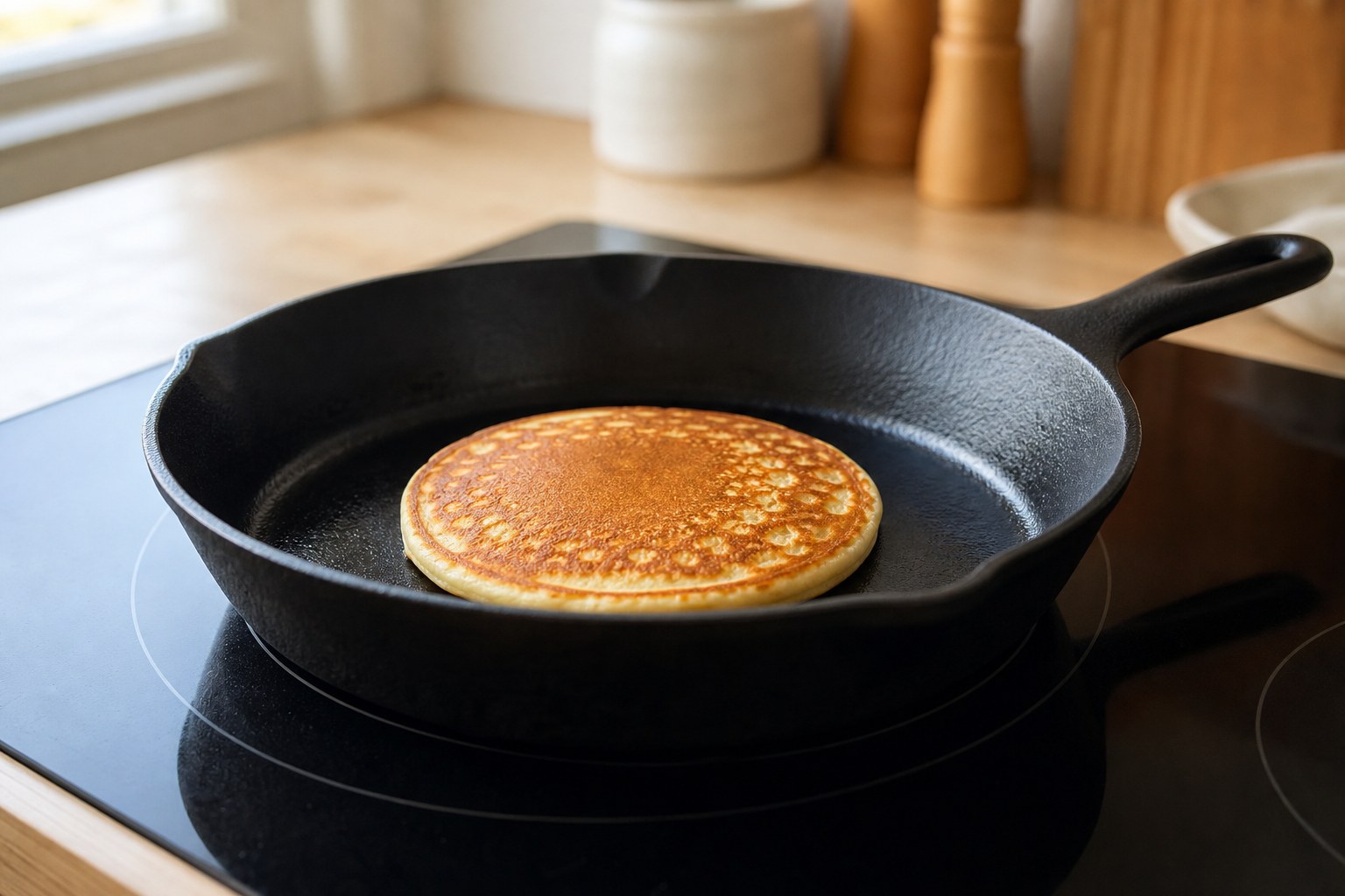 Lodge cast iron skillet with golden pancake on a glass top electric stove