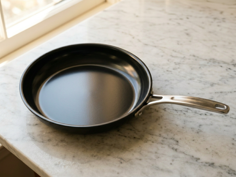 Dark nonstick frying pan with glossy PTFE coating on marble countertop