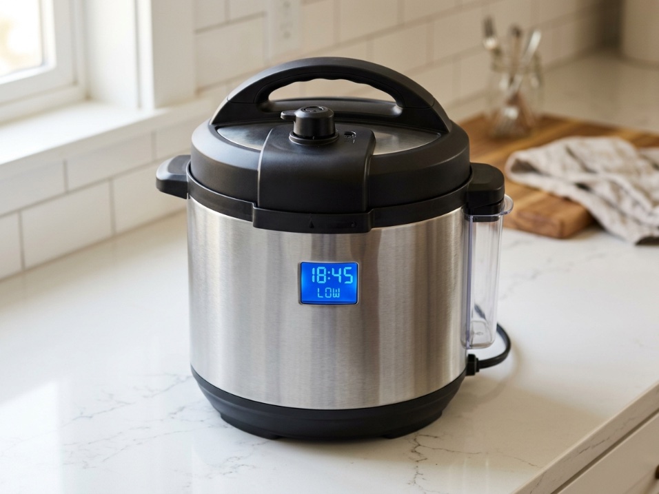 Stainless steel electric pressure cooker with blue digital timer on white kitchen counter