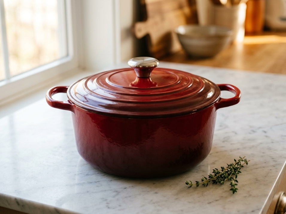 Red enameled cast iron dutch oven with lid on marble countertop beside fresh thyme