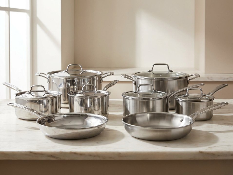 Two stainless steel cookware sets arranged side by side on a marble countertop with warm natural light