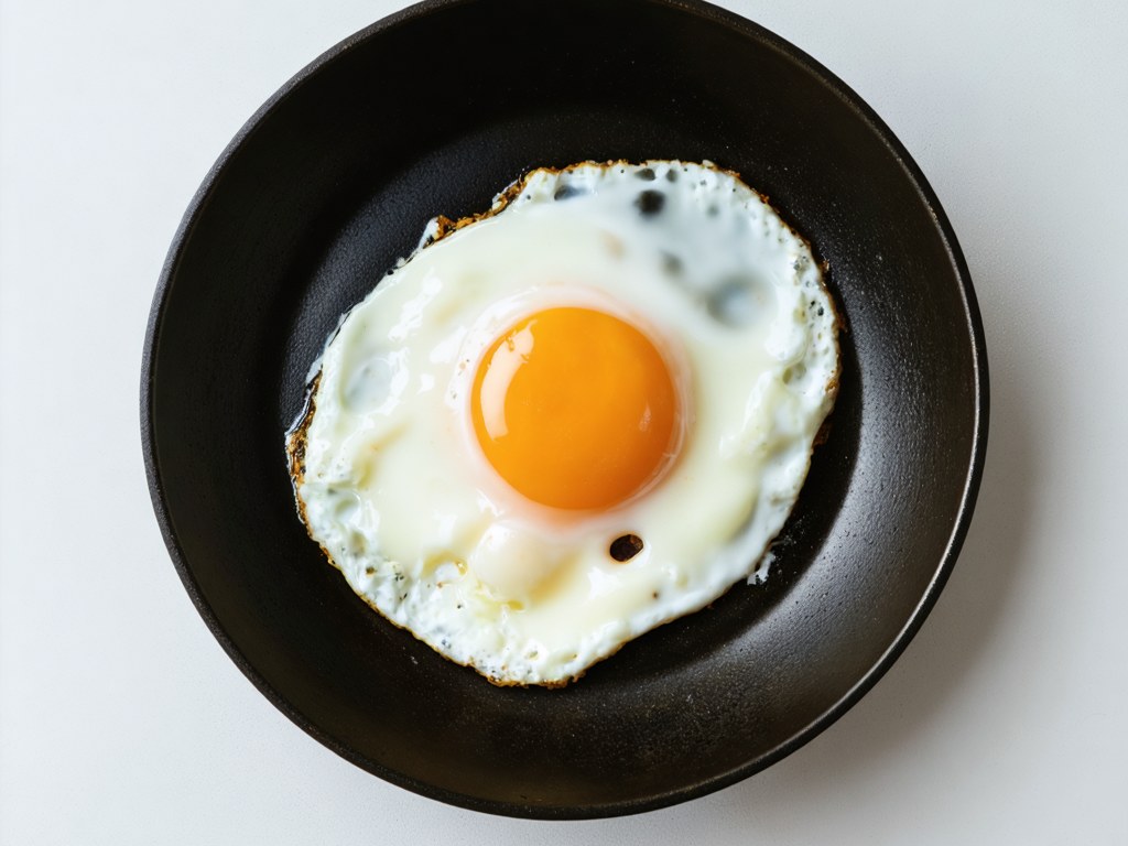 Fried egg cooking in a nonstick pan with set white edges and a runny yolk, showing no stuck residue on the dark surface