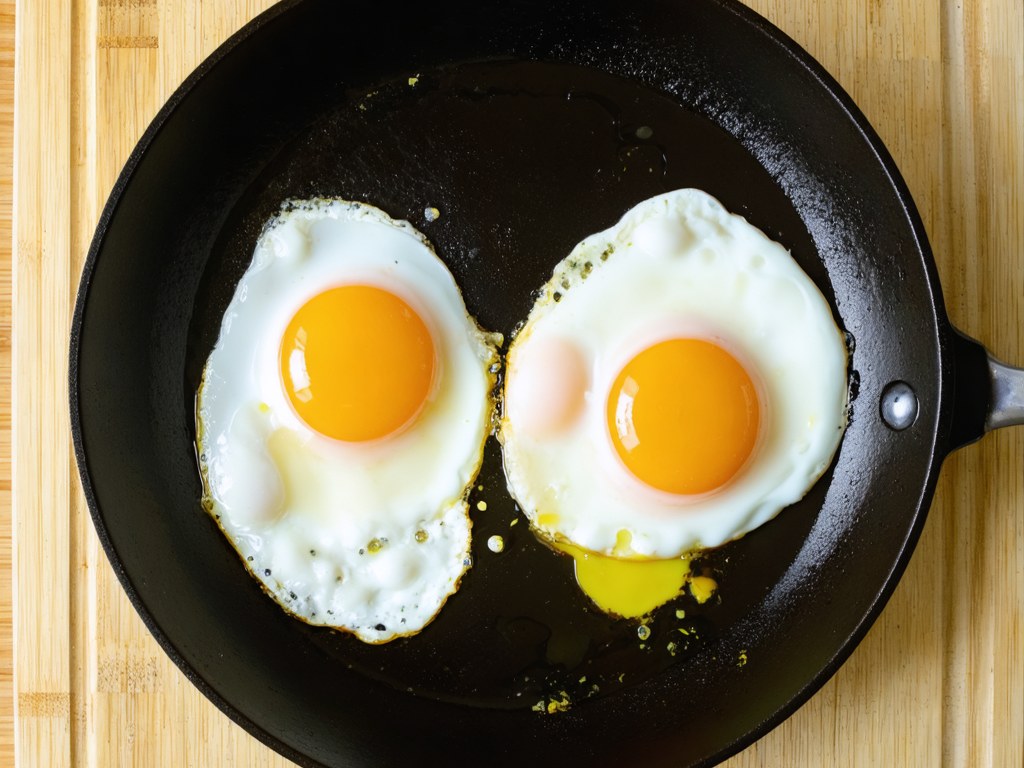 Two fried eggs in a small dark nonstick pan with melted butter pooled around them, whites fully set with no stuck residue