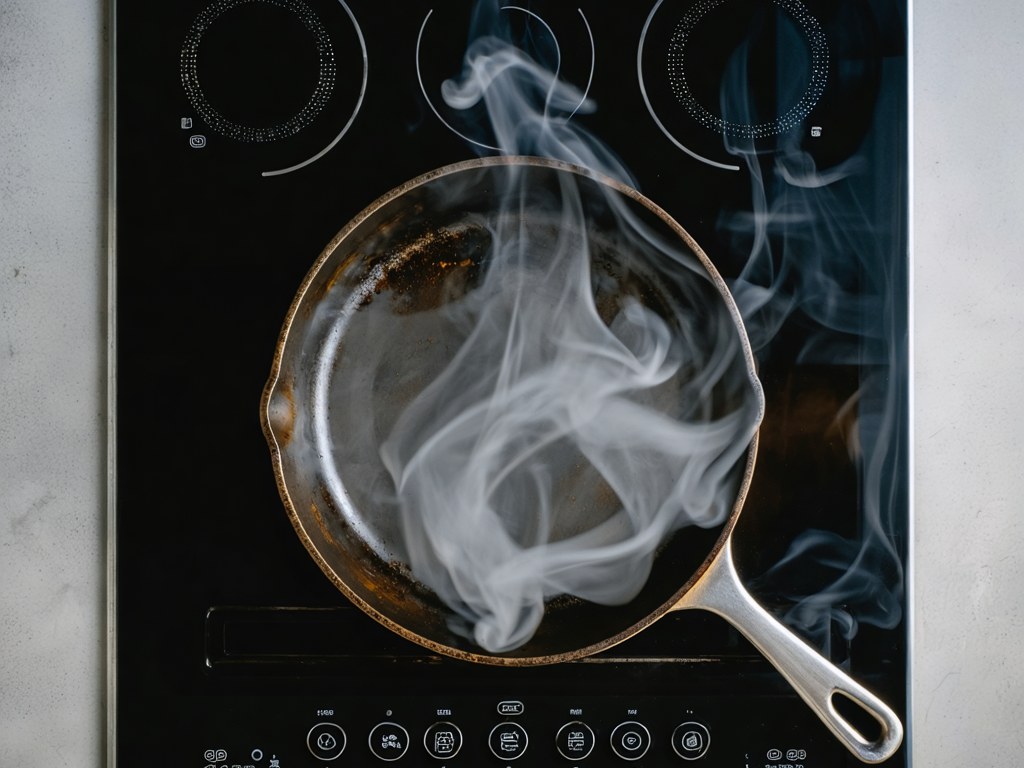 Cast iron skillet smoking on an electric glass top stove